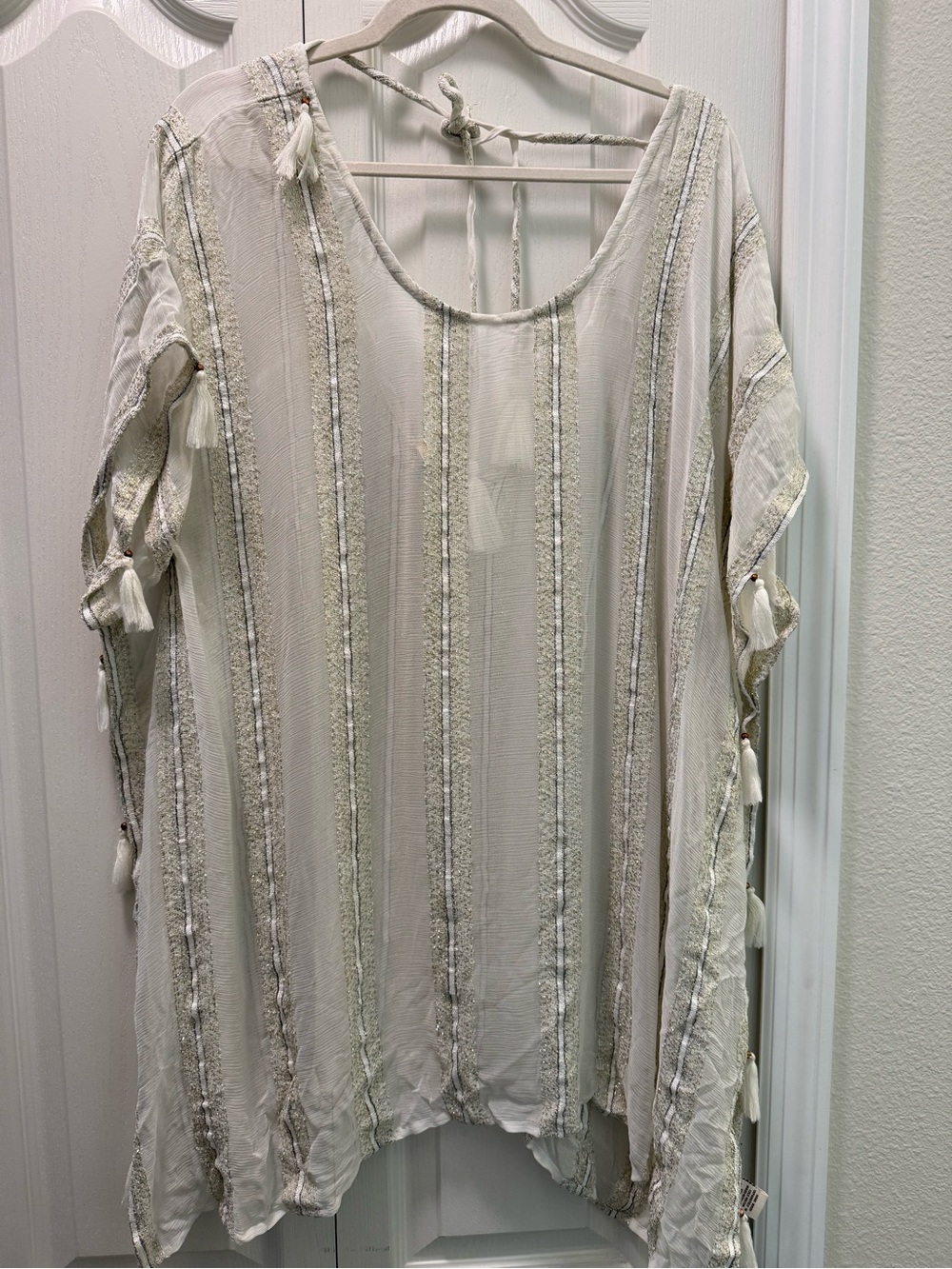 Surf Gypsy Cream Striped Boho Tassel Tie-Back Tunic
